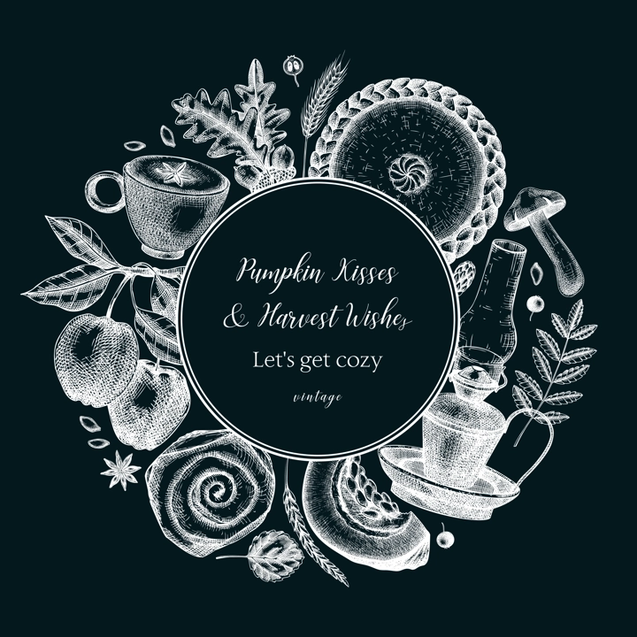 Chalkboard autumn wreath design template. Hand-drawn vector illustration. Pumpkin, hot drink, fruit, pie, pastry, fall leaves sketches. Vintage Thanksgiving background